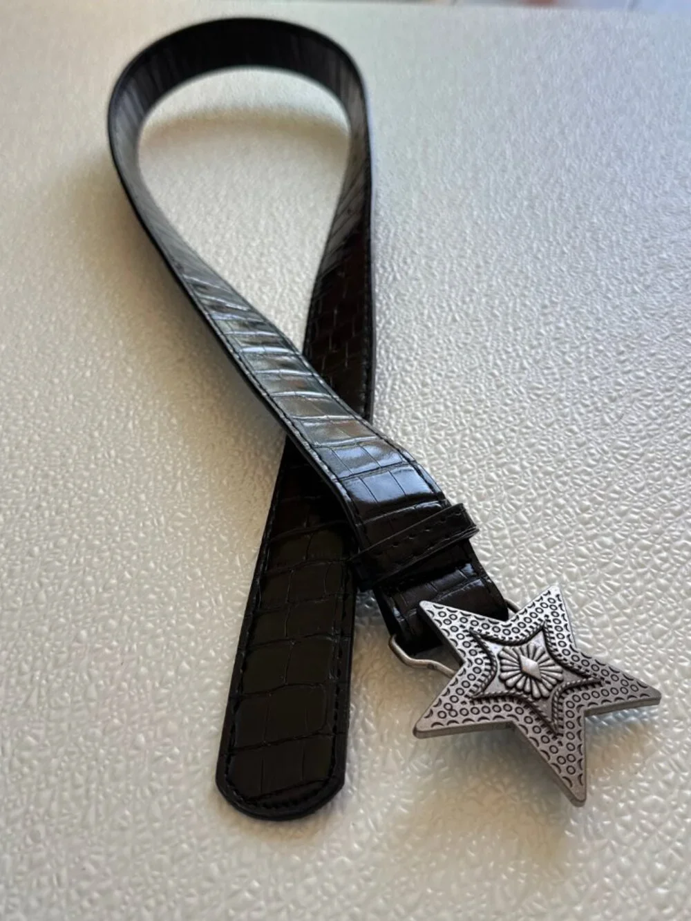 Black Croc Embossed Rhinestone Star Buckle Belt Y2K Grunge
